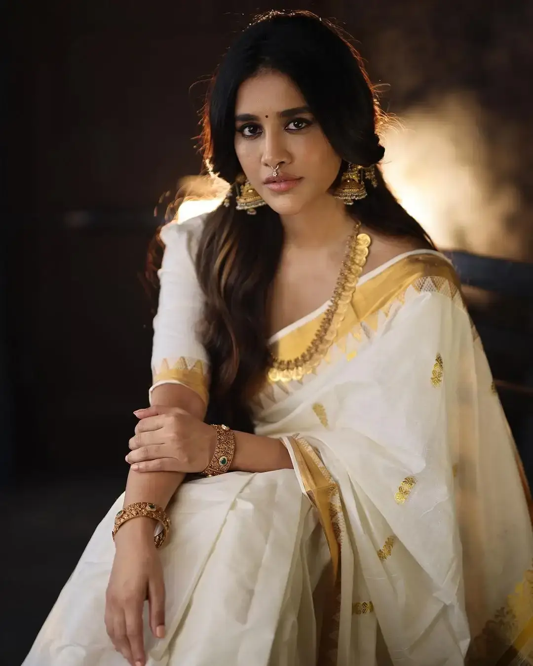 Indian Actress Nabha Natesh in Onam Special White Saree